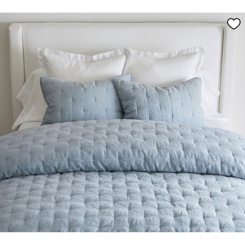 Pottery Barn King Belgian Linen Quilt Comforter 1 Standard Sham Light Blue